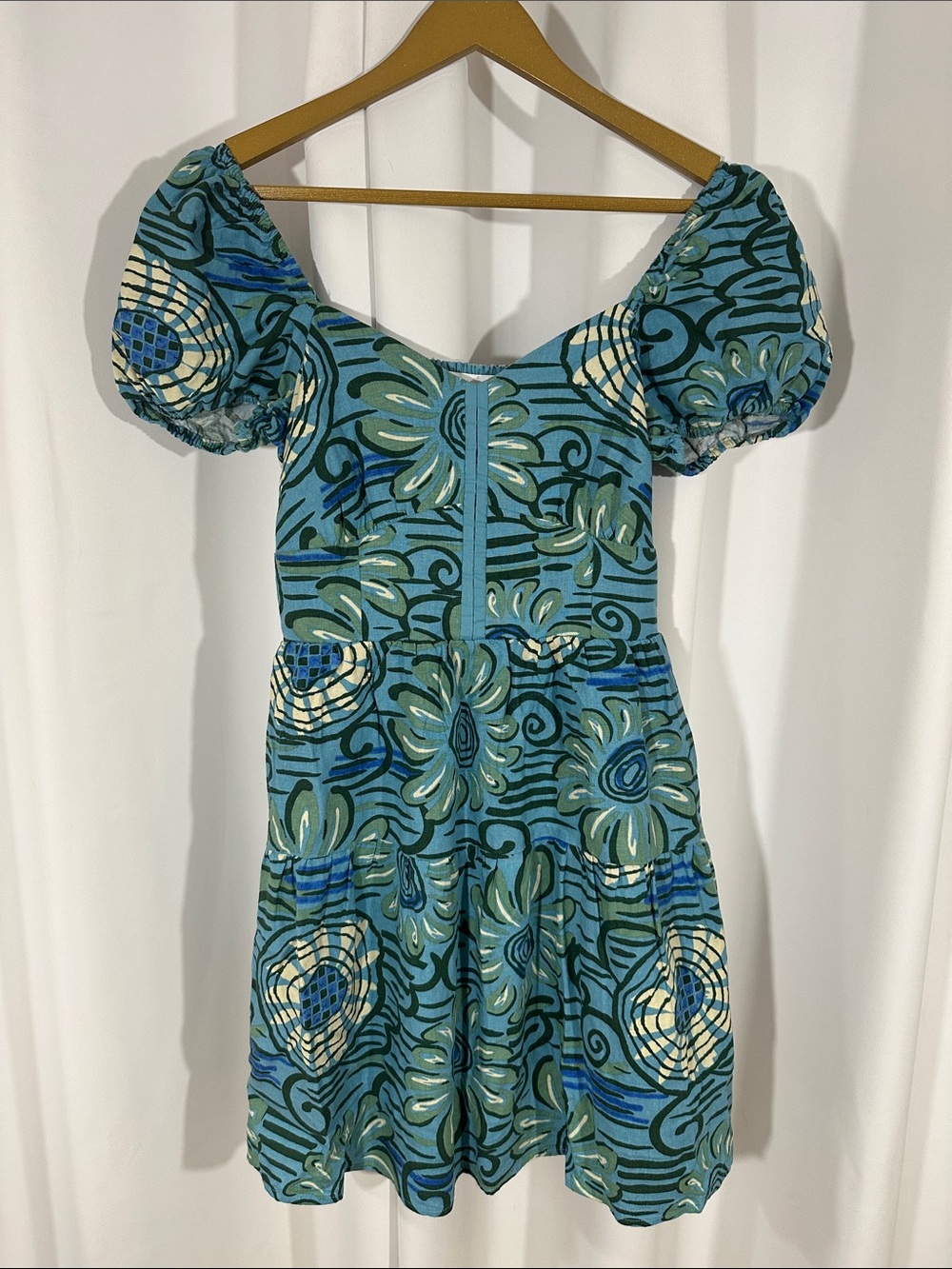 House of Harlow Blue Floral Puff Sleeve Mini Dress XS Linen Blend Cottagecore